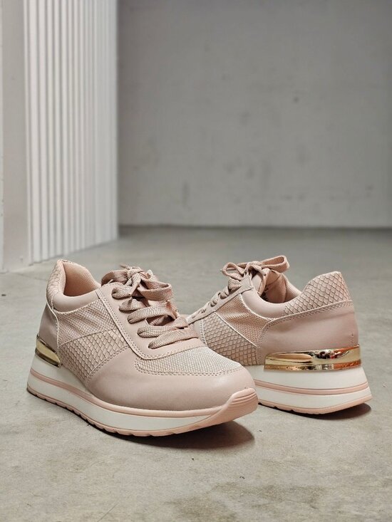 Not Specified Shoes - Blush Pink Womens Sneakers With Mesh Paneling & Gold Heel Accent
